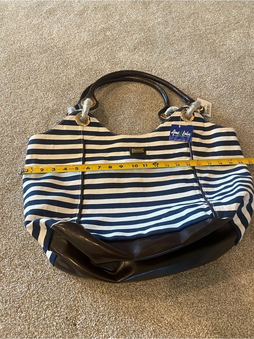 Striped Navy and White Canvas Tote with Brown Trim - Picture 4 of 8